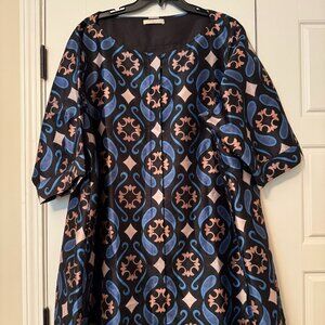Paisley tile print dupioni shift shirt dress